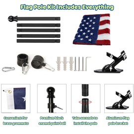 Sunnytech Flag Pole for Outside with 3x5 Embroidered US Flag,6FT Black Tangle Free Metal Flag Poles,Stainless Steel Black Holder Bracket for House,Outdoors Garden