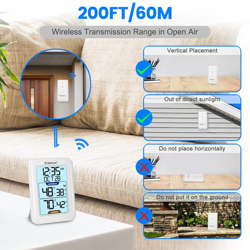 Geevon Digital Hygrometer Indoor Outdoor Thermometer Wireless with Clock, Backlight