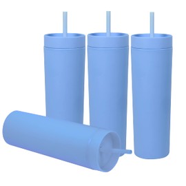 Ezhydrate SKINNY TUMBLERS 4 Pack - Matte Pastel Colored Acrylic Tumbler with Lid and Straw- Perfect for Home, Parties, Travel |16oz Double Wall Reusable Plastic Tumbler w Straw Cleaner INCLUDED,BLUE