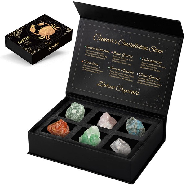 Cancer Crystals Gift Set, Zodiac Signs Healing Crystals Birthstones with Horoscope Box Set Cancer Astrology Crystals Healing Stones Gifts
