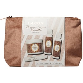 LaLicious Brown Sugar Vanilla Skin Care Travel Set - Whipped Sugar Scrub, Shower Gel / Bubble Bath, Body Butter & Body Oil in a Luxe Velour Makeup Bag (4 Piece Kit)