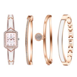 Silverora 4pcs Women's Watch Bracelet Square: Rhinestone Zircon Analogue Quartz Watches Women's Wristwatches with Roman Numerals Bangle Gifts for Women Girls Rose Gold