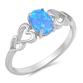 Blue Simulated Opal Oval Heart Cutout Promise Ring New .925 Sterling Silver Size 7