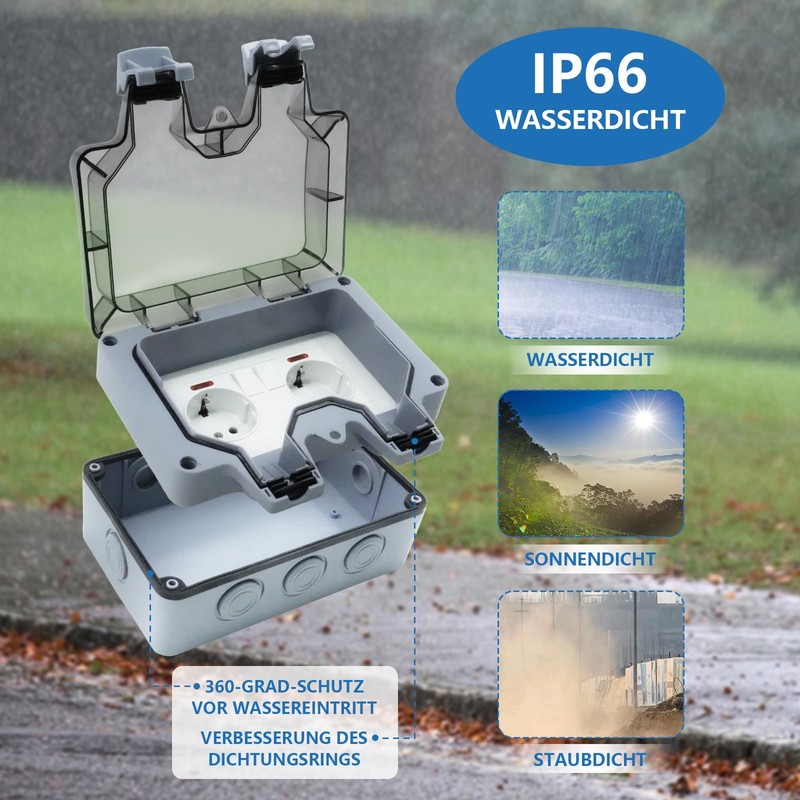 Marscharm Outdoor Socket 2-Way Waterproof Socket IP66 with Switch Indicator