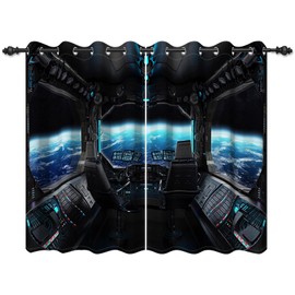 Renaiss Spacecraft Interior Window Curtains Futuristic Spaceship Cockpit Window Treatments Outer Space Earth View Blackout Drapes for Bedroom Living Room French Door Decor 53x84 Inches x 2 Panels