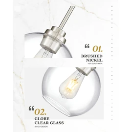 Audickic Pendant Lights Kitchen Island, 8" Brushed Nickel Pendant Light Fixtures with Globe Clear Glass Shade, Modern Kitchen Island Lighting for Bathroom, AD-22280-1PL-SN