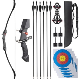 GQT Bow and Arrow Set for Teens, Beginners Archery Set with 6 Arrows, 5 Target Paper, Left/Right Hand Bow Kit Ideal for Adults, Youths Backyard Games for Outdoor Sports (Black)