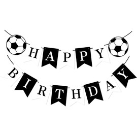 Soccer Happy Birthday Banner Sign Soccer Theme Birthday Banner Decorations for Boys Girls Sports Fans Birthday Party(Black White)