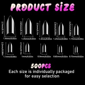 500 Pcs Nail Tips Stiletto for Acrylic Gel Extensions Half Cover False Nail Tips Short Almond Soft Clear French Nail Tips Press on Nails 10 Sizes