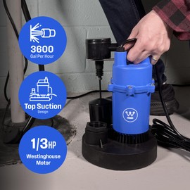 Westinghouse 1/3 HP Submersible Sump Pump with Automatic Vertical Float Switch, Cast Aluminum, 3600 GPH, w/ 10 Feet Piggy Back Power Cord for Basements, Suitable for Basins 10" in Diameter or Larger