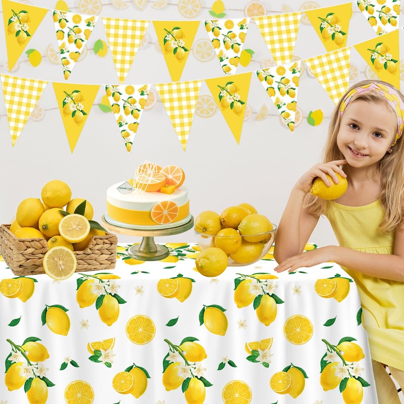4 Pcs Lemon Party Decoration Lemonade Tablecloth Lemon Triangle Banners