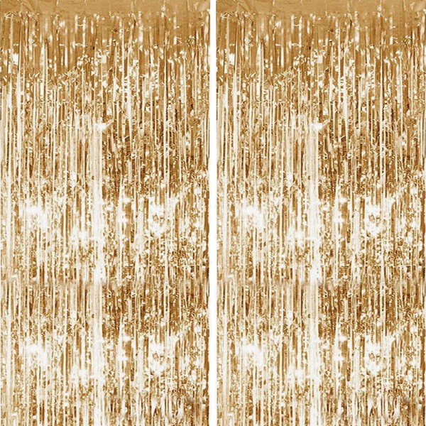 2pcs 3.2ft x 6.5ft Foil Curtain Decorations,Champagne Gold Tinsel Foil Fringe Curtains Streamers Backdrop for Birthday Graduation Wedding Engagement Bridal Shower Bachelorette Holiday Party Decoration