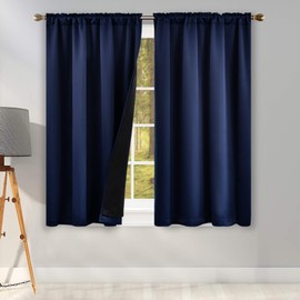KEQIAOSUOCAI Navy Blue Blackout Curtains for Boys Bedroom - 100 Percent Blackout Curtains with Black Liner Thermal Insulated Reduce Noise Draperies with Rod Pocket (42 W by 45 L 2 Panels)
