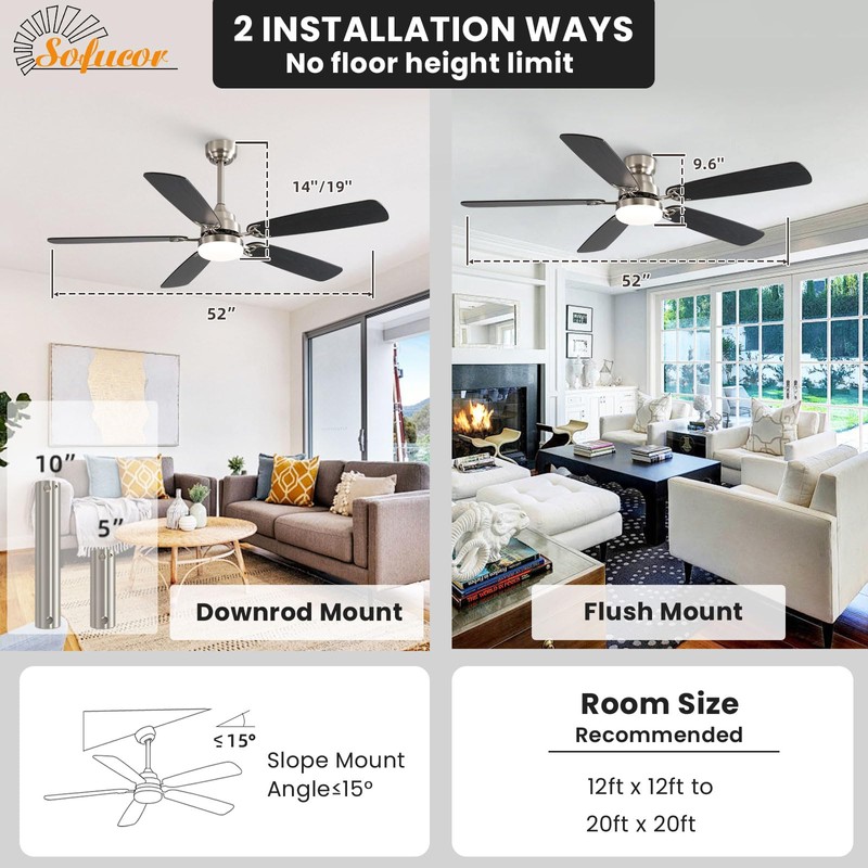 Sofucor 52 Inch Modern Flush Mount Ceiling Fan with Light