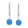 Simple Round Solitaire Blue Created Opal Lever back Drop Dangle