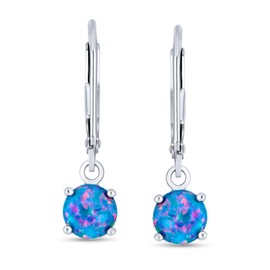 Simple Round Solitaire Blue Created Opal Lever back Drop Dangle Earrings For Women Sterling Silver October Birthstone