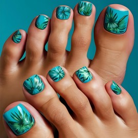 Blue Press on Toe Nails Coconut Tree Leaves Stick on Toe Nails Full Cover Artificial Glue on Toe Nails Glossy Acrylic False Toe Nails Short Square Fake Toe Nails Reusable Toe Nails Kit for Women Girls