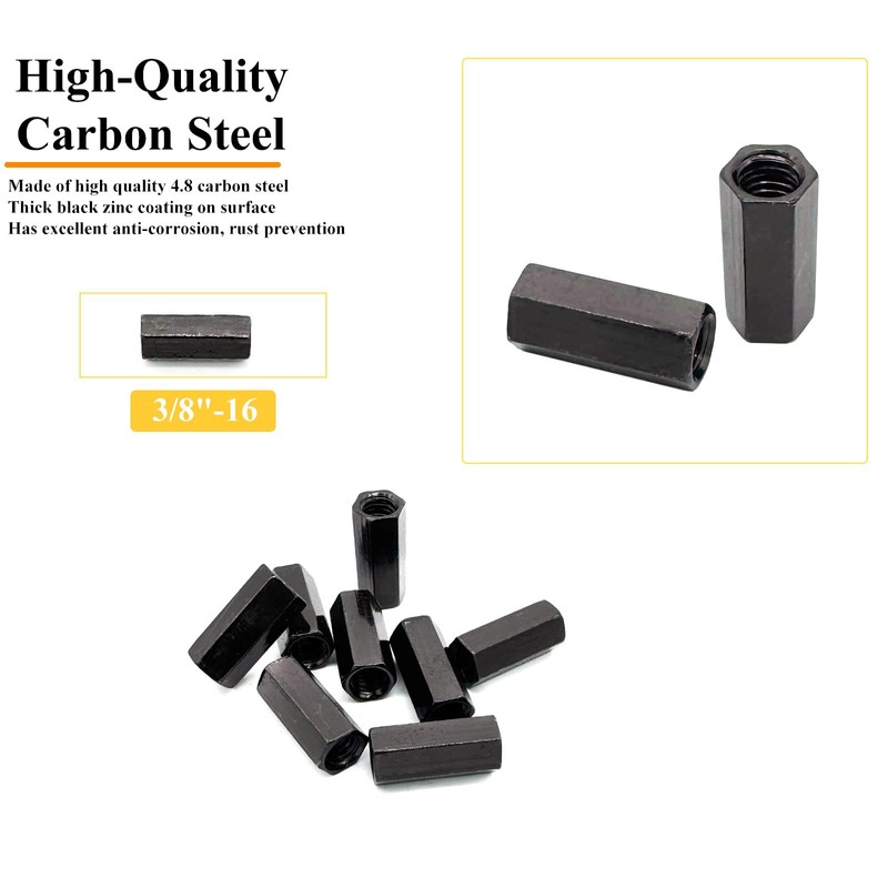 Matrelt 14Pcs Black 3/8"-16 Hex Coupling Nut, Threaded Rods Nuts