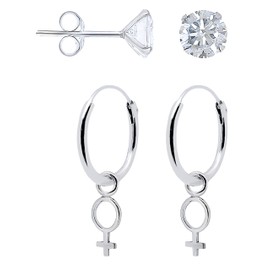 ENTREPLATA Set of 925 Sterling Silver Shiny Cubic Zirconia 5 mm and Pair of Hoops Pendant Feminist Symbol Venus Women Girls Creoles and Cubic Zirconia 5 mm.