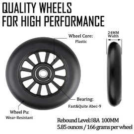 Kutrick 2pcs Scooter Wheels - 100mm Scooter Wheels Replacement Pair - Smooth Bearing Installed | Plastic Core 100mm Scooter Wheels for Razor Fuzion Vokul Scooters with 100mm Wheels