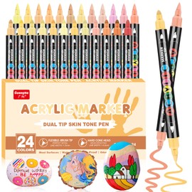 24 Colours Skin Tones Acrylic Pens, Dual Tip Acrylic Markers, Acrylic Pens for Stones, Waterproof, Waterproof Brush Markers for Skin Tones and Portrait Painting, Acrylic Paint Markers for Wood, Glass