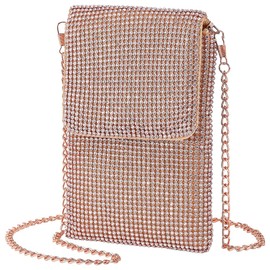 KDUPUP Rhinestone Crossbody Cell Phone Purse Wallet Clutch Glitter Crystal Evening Handbags Bling Shoulder Strap Smart Phone Bag (Rose Gold)