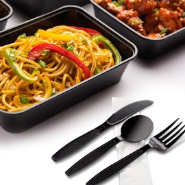 MT Products Black Individually Wrapped Plastic Cutlery Set - Disposable Heavy Weight Utensils - Pack of 50