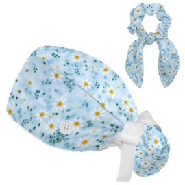 Working Cap Scrub Caps, Daisies Scrub Hats with Sweatband Buttons Adjustable Nurse Hat Ponytail