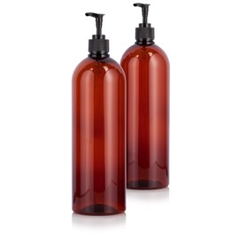 JUVITUS Amber 32 oz Large Boston Round PET Plastic Bottles (BPA Free) with Black Lotion Pump (2 pack)