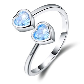 Esberry ✦Gifts for Christmas✦ 18K Gold Plating 925 Sterling Silver Birthstone Rings Heart Shape Cubic Zirconia Rings Double Gemstone Adjustable Rings for Women (March-Aquamarine)