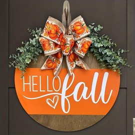 1pc Front Door Decoration Wreath, Hello Fall Autumn Door Sign, Festival Porch Decoration