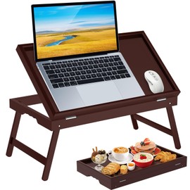 Bamboo Bed Tray Table with Foldable Legs & Ergonomic Handle, 17x12in Breakfast Tray for Eating, Laptop Desk, Sofa Snacking, Non-Slip Surface (Mahogany)