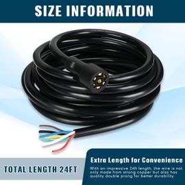 Kanayu 24ft 7 Pin Trailer Plug Extension Cord Cable 7 Way Trailer Wiring Harness Waterproof and Corrosion Resistant Brake & Light Control 10-14 AWG 7 Prong Trailer Light Wiring Connector for RV Camper