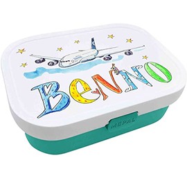 Brotdose mit Namen, Airbus Flugzeug, incl. Trennung und Gabel, Rosirosinchen (Mint)