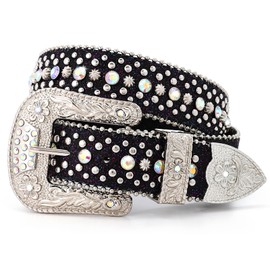 LALATCH Rhinestone Belt for Men Women, Cowboy Cowgirl Belt Bling Western Belt Diamond Leather Belt for Jeans Pants, Silvery Rhinestone/Black