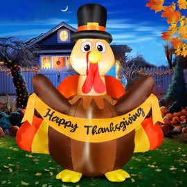FunFanso Thanksgiving Inflatables Turkey Outdoor Decorations with Built-in LED Lights, 4.5FT Tall Blow Up Turkey with Pilgrim Hat and Colorful Tail for Lawn Yard Garden Party House Holiday Decor