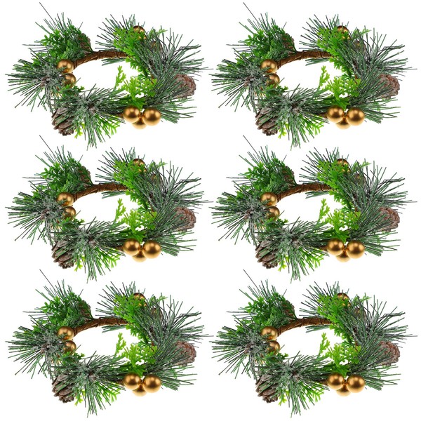 6 Pieces Christmas Candle Ring Artificial Berry Candle Rings with Pine Cones Small Wreaths for Home, Wedding, Living Room and Christmas Holiday Table Decoration (Red)