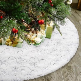 Dremisland Faux Fur Christmas Tree Skirt 122cm Large White&Silver Plush Tree Skirt with Sequin Snowflakes Vine Branch Tree Mat Base Cover for Xmas Holiday Party Home Decor