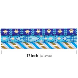 RUSPEPA Hanukkah Wrapping Paper Roll with Metallic Foil Shine - Mini Roll - 17 inches x 10 feet per Roll, Total of 3 Rolls - Blue Menorah, Star of David and Stripe