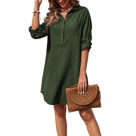 Zeagoo Women Summer Dress Cotton Linen Shirt Dress Button Down Tunic Top Beach Cover Up,Army Green,L