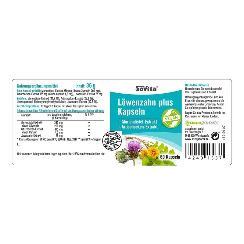 sovita Löwenzahn plus Kapseln | Mit Mariendistel-Extrakt & Artischocken-Extrakt |
