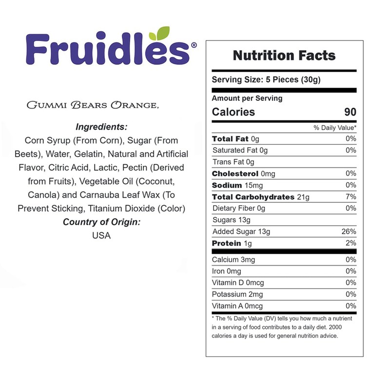 Fruidles Orange Gummi Bears Candy, Fruit Flavors Gummies, Allergy Friendly,