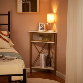 VECELO Cabinet/Table, 3-Tier Display Shelves with Protection Door, Metal Frame Storage Shelf Organizer for Small Space, Living Room, Kitchen, Bathroom, Set of 1, Gold+Black