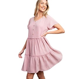 Easel Women's Tiered Cotton Gauze Casual Dress, Short Sleeve, Washed Pink-Medium