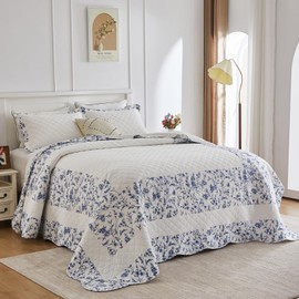 CozyStitch Lightweight Bedspread 102"x120" Oversized Queen Bedspread, 100% Cotton Oversized Queen Quilt with 2 Pillow Shams, Floral Botanical Quilted Bedspreads Coverlet Set, White/Blue, 3 Pcs