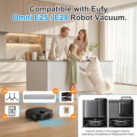 E25 Accessory Kit Replacement Parts Compatible with eufy Omni E25/E28 Robot Vacuum, 1 Set Rolling Brushes, 2 Roller Mops, 4 Filters, 8 Dust Bags, 8 Side Brushes, 1 Cleaning Brush