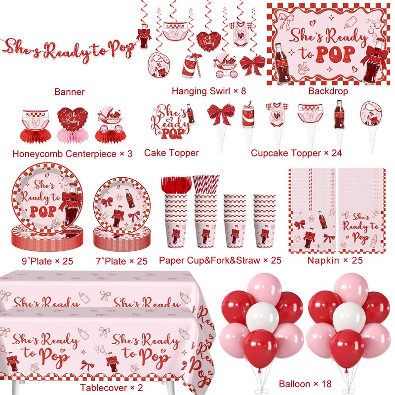 208Pcs Xynic She's Ready to Pop Baby Shower Decorations Tableware