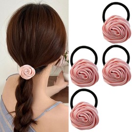 4Pcs Pink Rose Hair Ties for Women,Mother’s Day Elastic Hair Tie,Spring Flower Hair Ropes,Mother’s Day Gift Girls Hair Accessories for Thick/Thin Ponytail Holder(Pink)