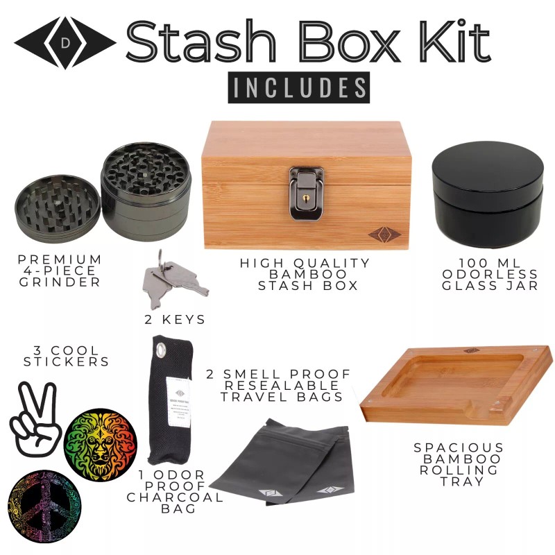 Premium Bamboo Smell Proof Stash Box with Lock - Storage