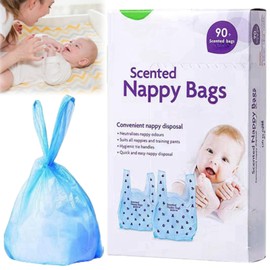 Disposable Nappy Bags, Pack of 90 Baby Disposable Nappy Bags, Baby Disposable Nappy Bags, Scented Nappy Bags, Baby Plastic Nappy Bag, Baby Nappy Bin Bags, Disposable Nappy Bags with Tie Handle